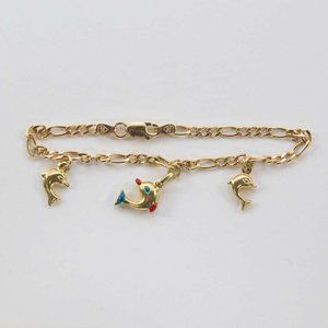Dolphin Gold Link Charm Bracelet Estate Fine Jewel